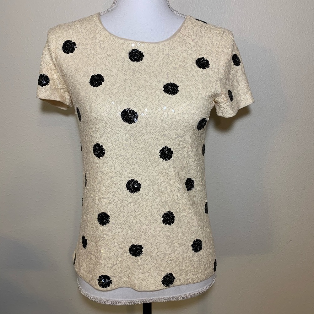 J. Crew sequined polka dot top cream and black